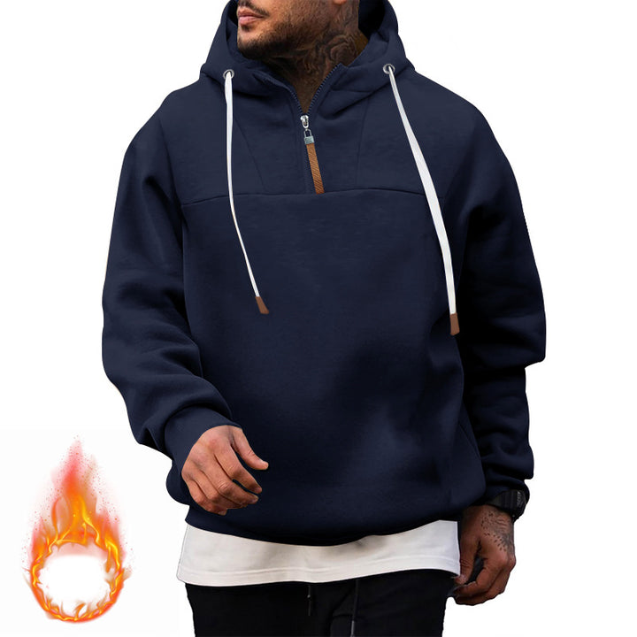 Men's Fleece Half-Zip Hoodie with Hood, Drawstring, and Elastic Cuffs Mune Fashion