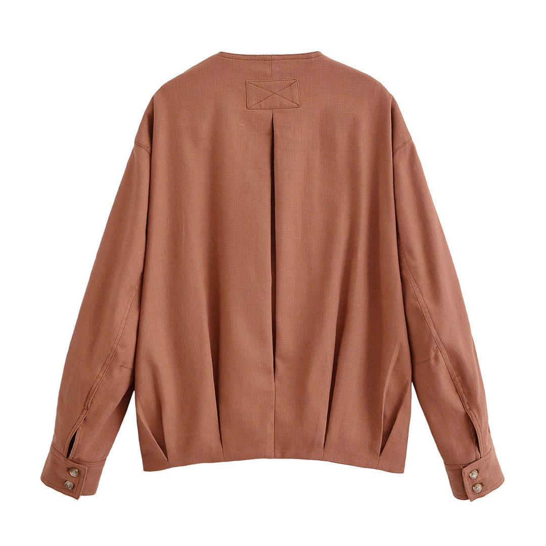 Women's Boxy Transitional Jacket with Round Neck, Decorative Stitching and Visible Button Placket Mune Fashion