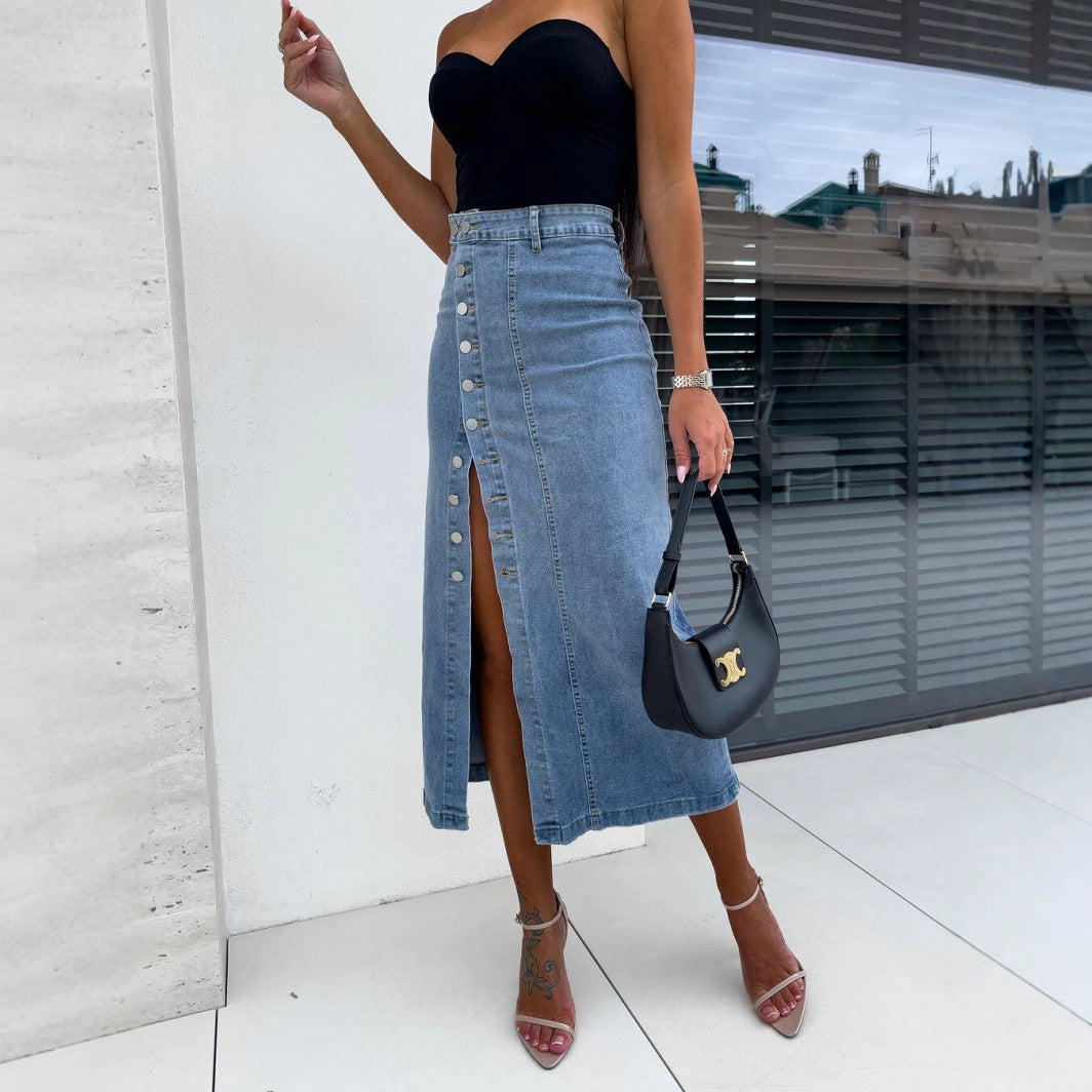 Women Long Denim Skirt with Side Slit and Fashionable Button Details Mune Fashion