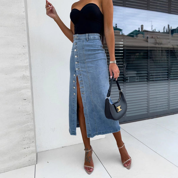 Women Long Denim Skirt with Side Slit and Fashionable Button Details Mune Fashion