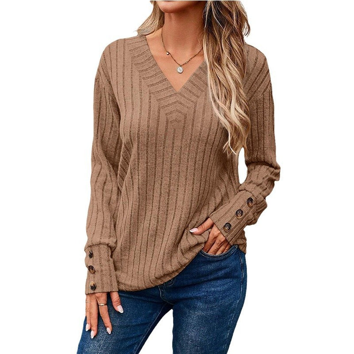Women's Ribbed V-Neck Knit Sweater with Button Cuffs Mune Fashion