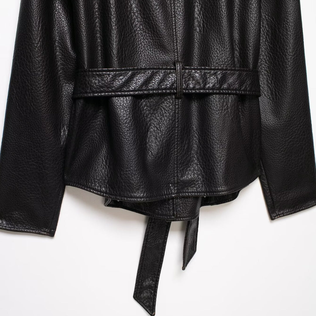 Women Short Jacket in Leather Look with Shawl Collar and Waist Tie Belt Mune Fashion