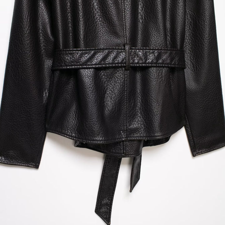 Women Short Jacket in Leather Look with Shawl Collar and Waist Tie Belt Mune Fashion