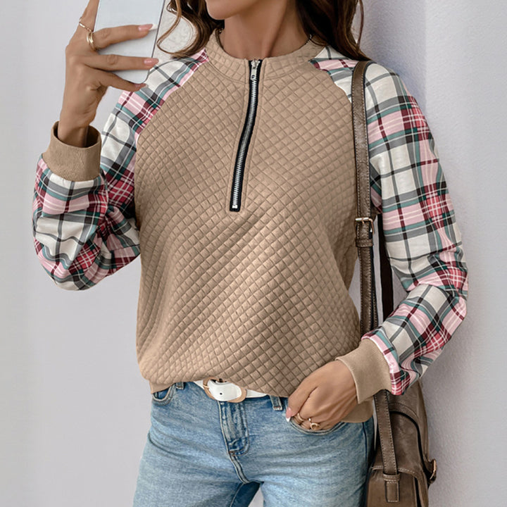 Women's Quilted Raglan Sweatshirt with Half Zipper and Checkered Sleeves Mune Fashion