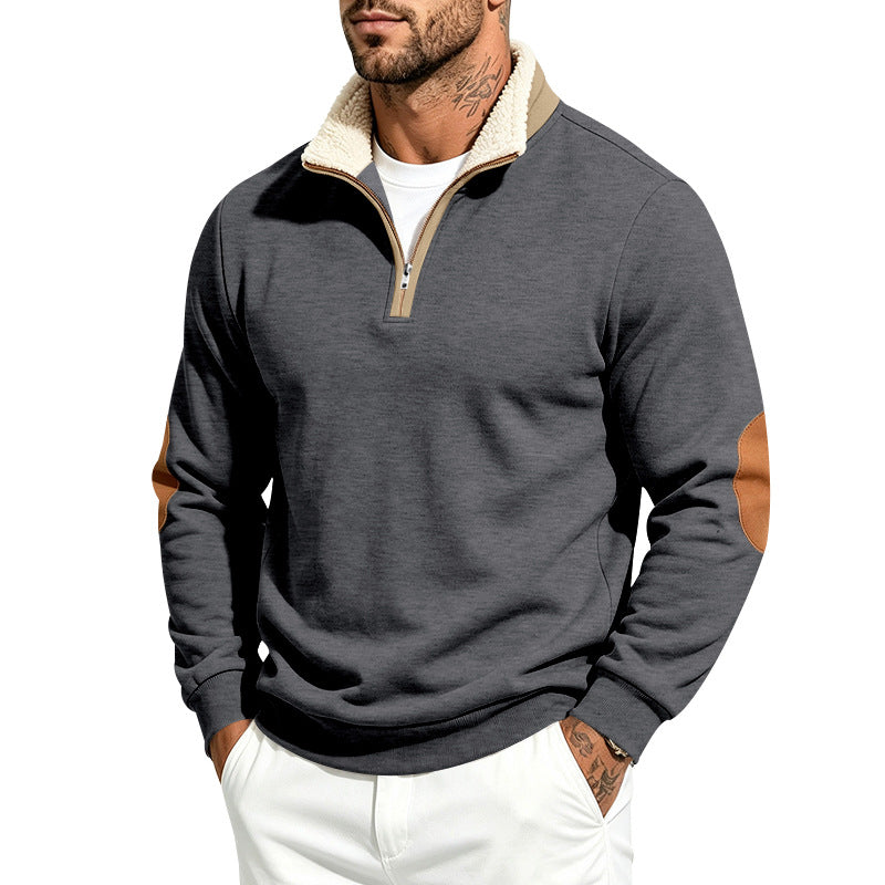 Men's Troyer Half-Zip Pullover with Teddy Fleece Lining, Faux Leather Elbow Patches and Stand-Up Collar Mune Fashion