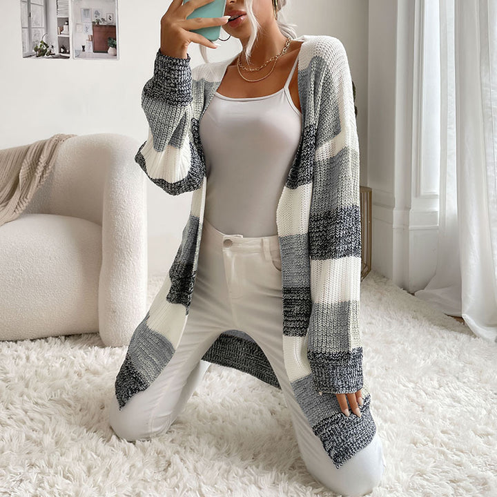 Women's Longline Knit Cardigan with Wide Block Stripes, Open Front and Dropped Shoulders Mune Fashion