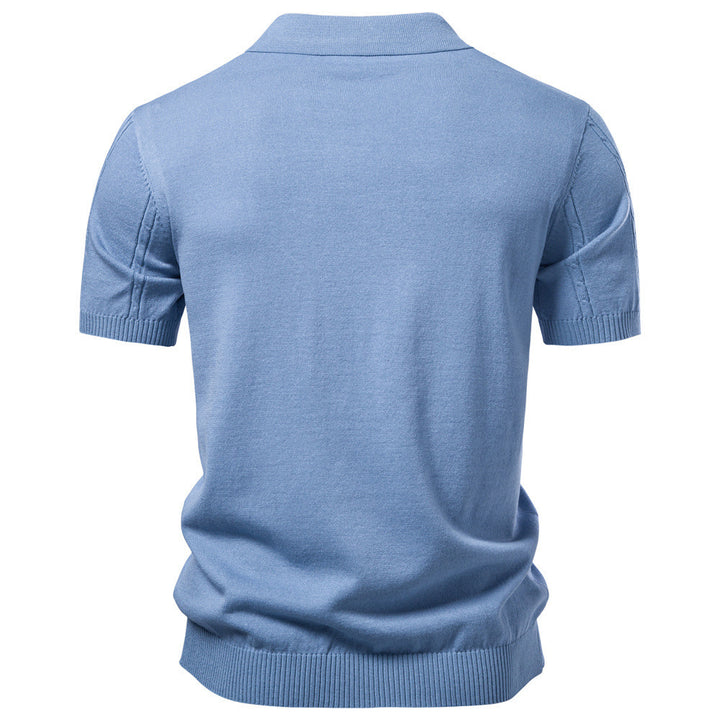 Men's short sleeve knitted polo with textured stripes, ribbed cuffs, and classic polo collar Mune Fashion