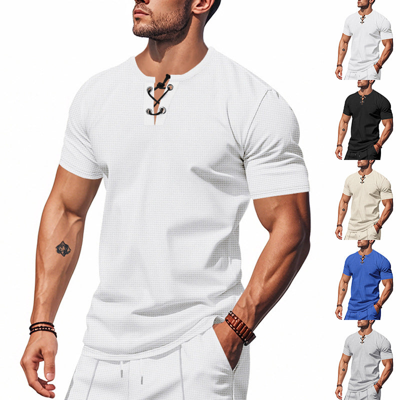 Men's short-sleeve shirt with lacing at the neckline and waffle texture Mune Fashion