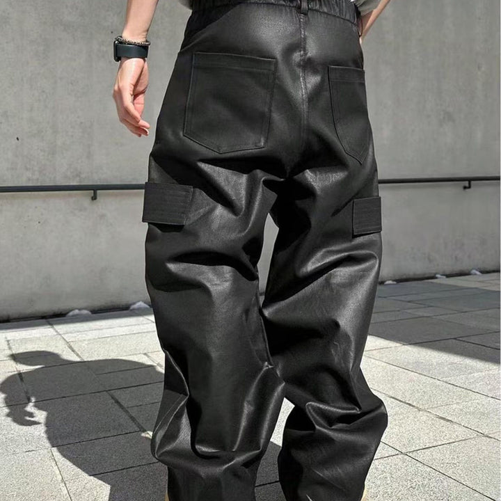 Men's Wide Cut Cargo Pants in Leather Look with Flap Pockets Mune Fashion