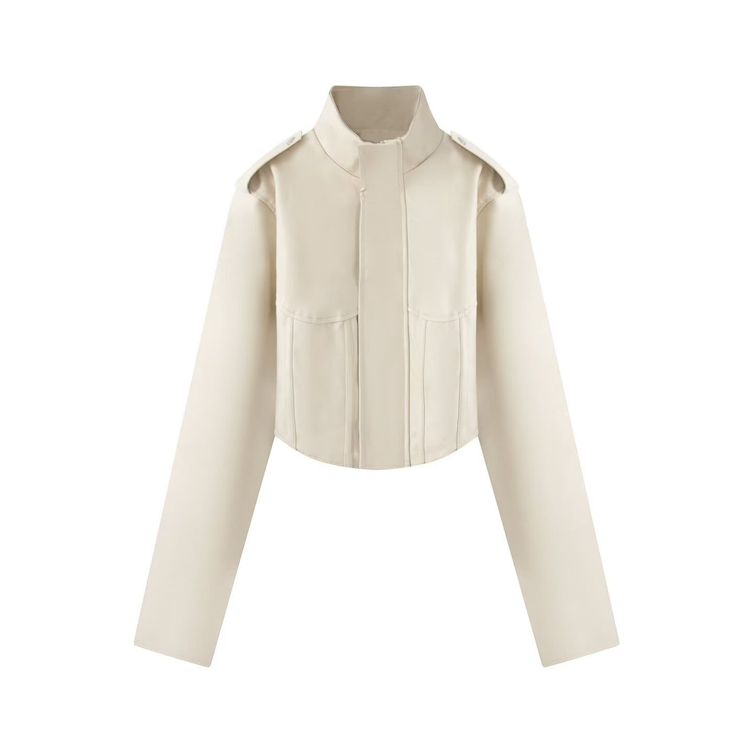 Women's Short Leather Look Jacket with Corset Seam and Stand-Up Collar Mune Fashion