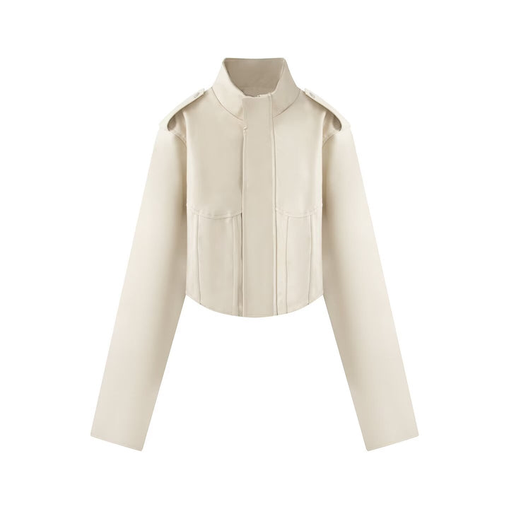 Women's Short Leather Look Jacket with Corset Seam and Stand-Up Collar Mune Fashion