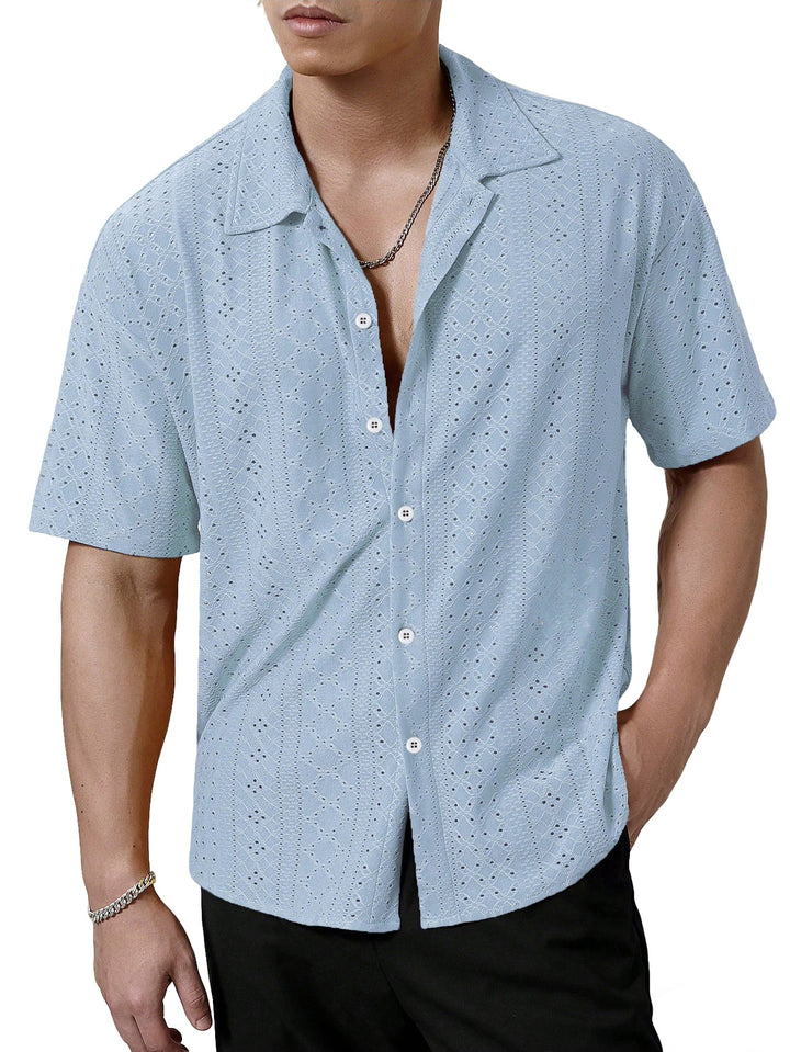 Men's short-sleeve casual shirt with openwork embroidery, lapel collar and relaxed fit Mune Fashion