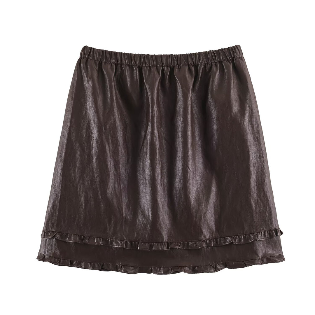 Women’s midi dress made of coated synthetic leather with elastic waistband and double-layered ruffle trim Mune Fashion