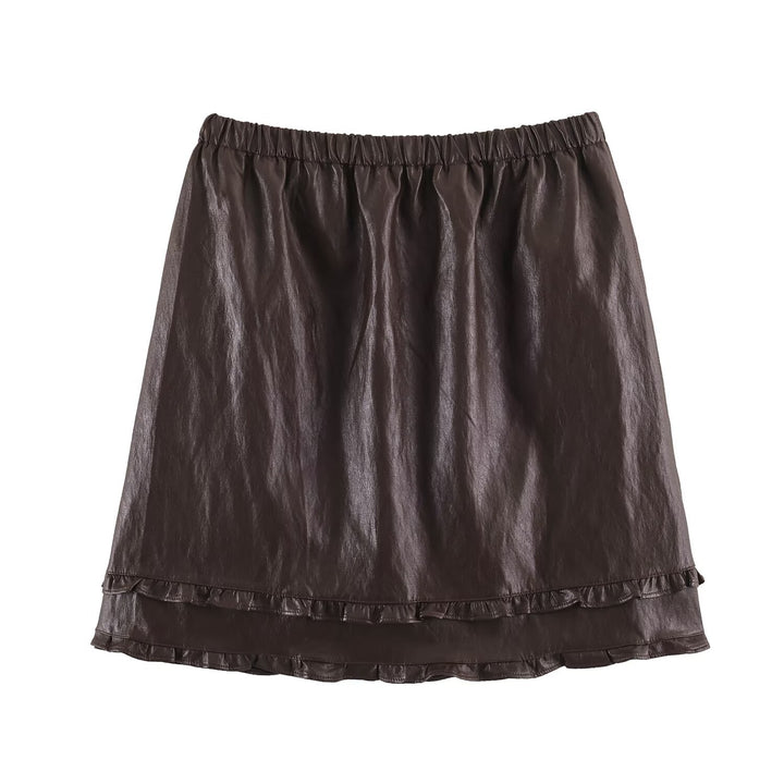 Women’s midi dress made of coated synthetic leather with elastic waistband and double-layered ruffle trim Mune Fashion