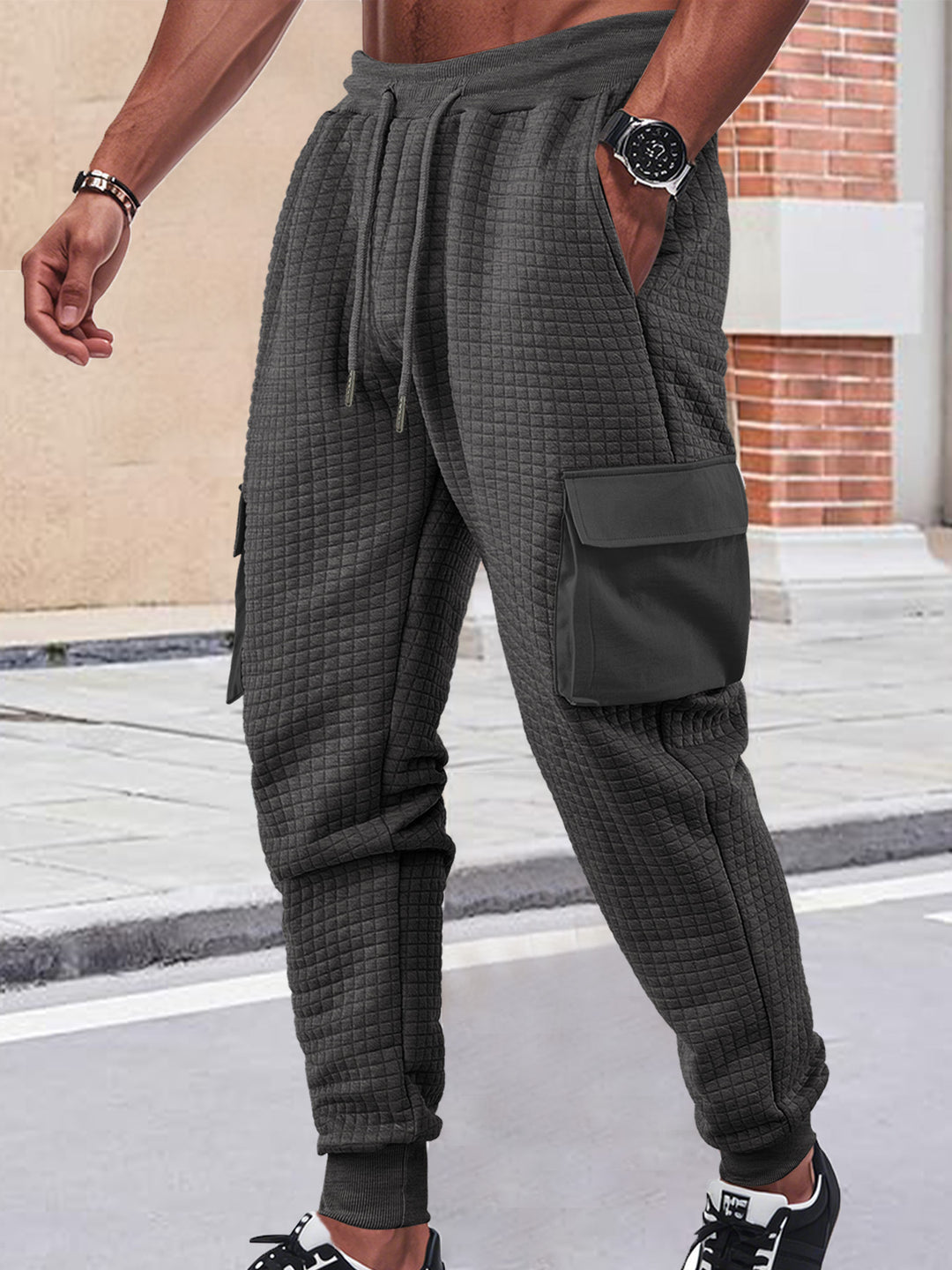 Men's Nano Square Structured Cargo Jogging Pants with Drawstring Waist and Patch Side Pockets Mune Fashion