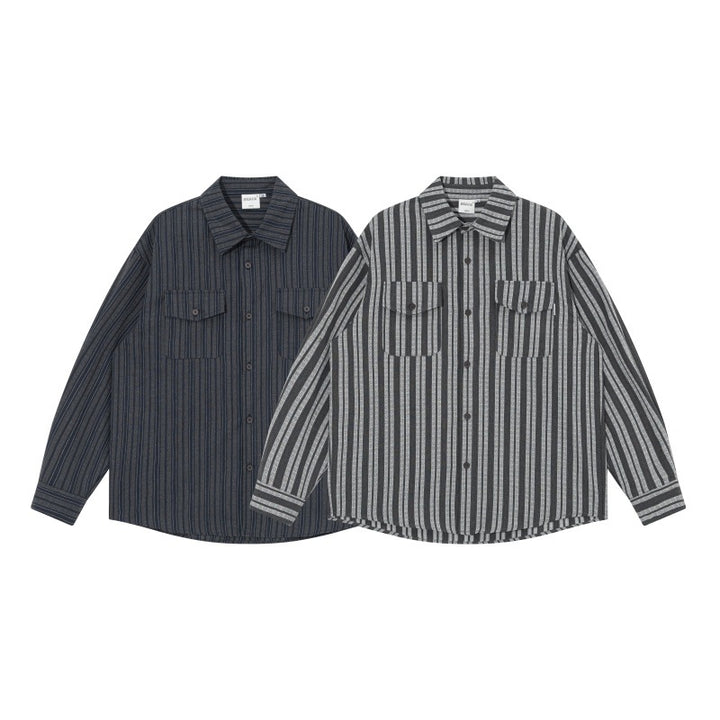 Men's oversized shirt jacket with vertical stripes, patch chest pockets, and rounded hem Mune Fashion