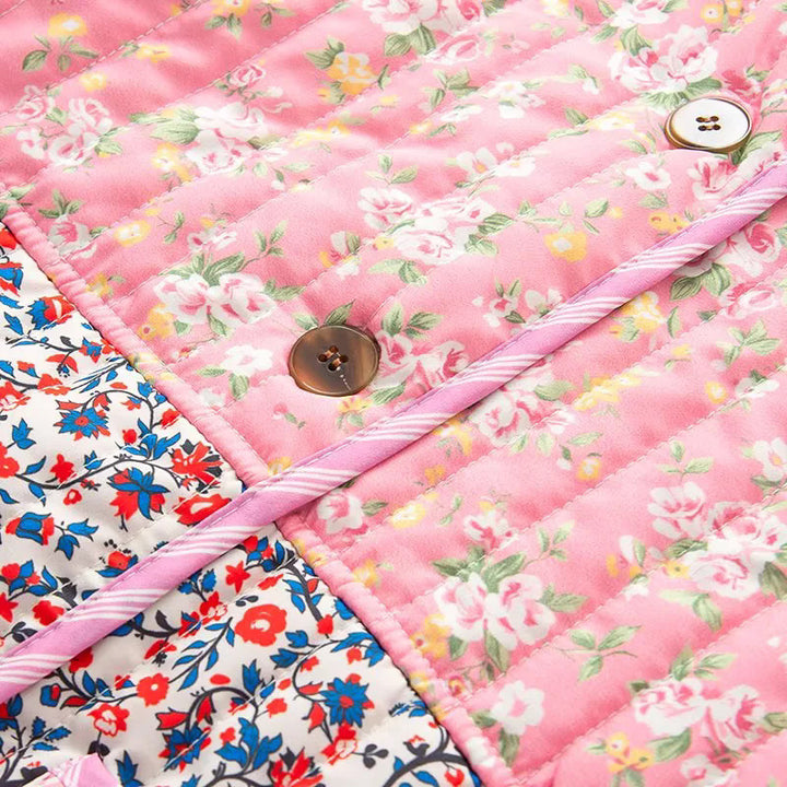 Women's non-quilted patchwork quilt jacket with stand-up collar, large decorative buttons, and patch pockets Mune Fashion
