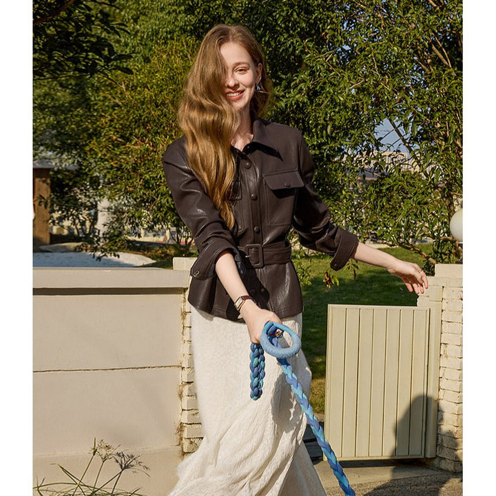 Women Tailored Utility Leather Blouson with Tie Belt and Patch Chest Pockets Mune Fashion