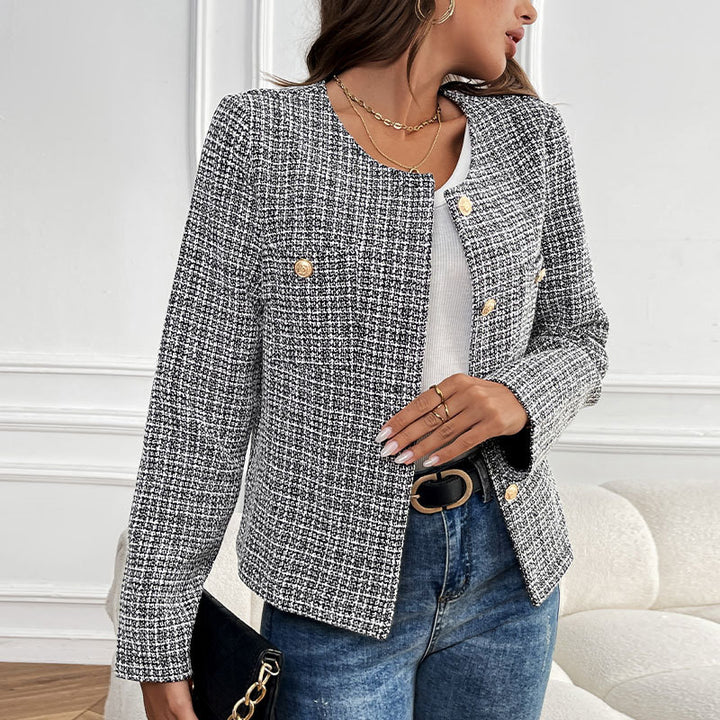 Women's Boucle Tweed Blazer with Round Neckline, Gold Decorative Buttons and Boxy Silhouette Mune Fashion