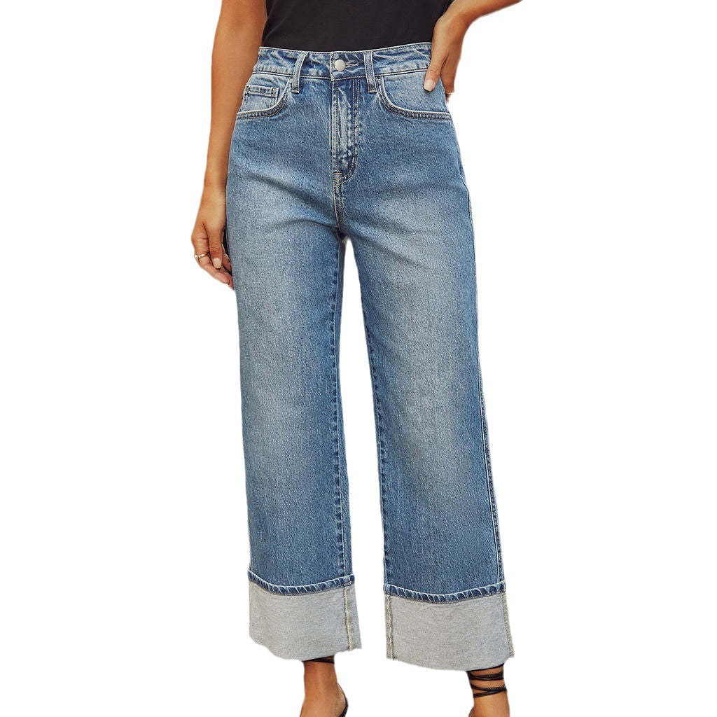 Women high-waisted culotte jeans with wide cuff and straight leg Mune Fashion