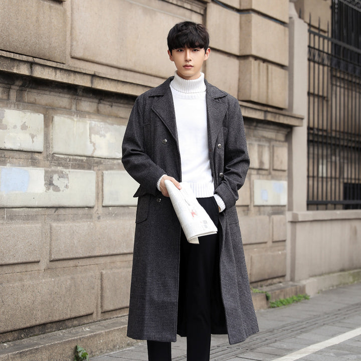 Men's Maxi Length Wool Coat with Subtle Pinstripe Pattern Mune Fashion