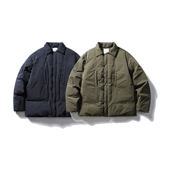 Men's short-cut thermo puffer jacket in boxy cut with shirt collar and concealed snap button placket Mune Fashion