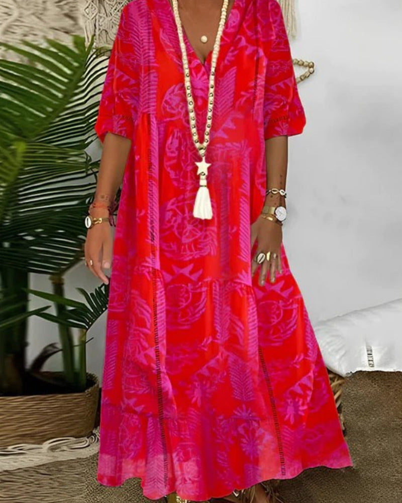 Ladies Boho Long Dress with Deep V-Neck, Tiered Cut and Casual Oversized Fit Mune Fashion