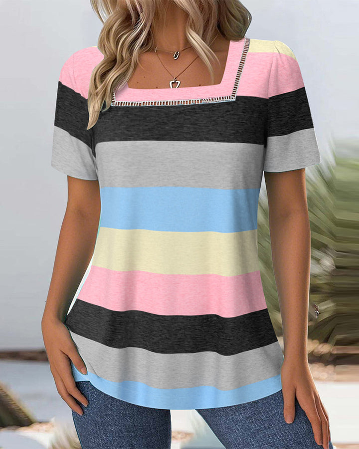 Women's striped jersey long shirt with square neckline and casual hip length Mune Fashion