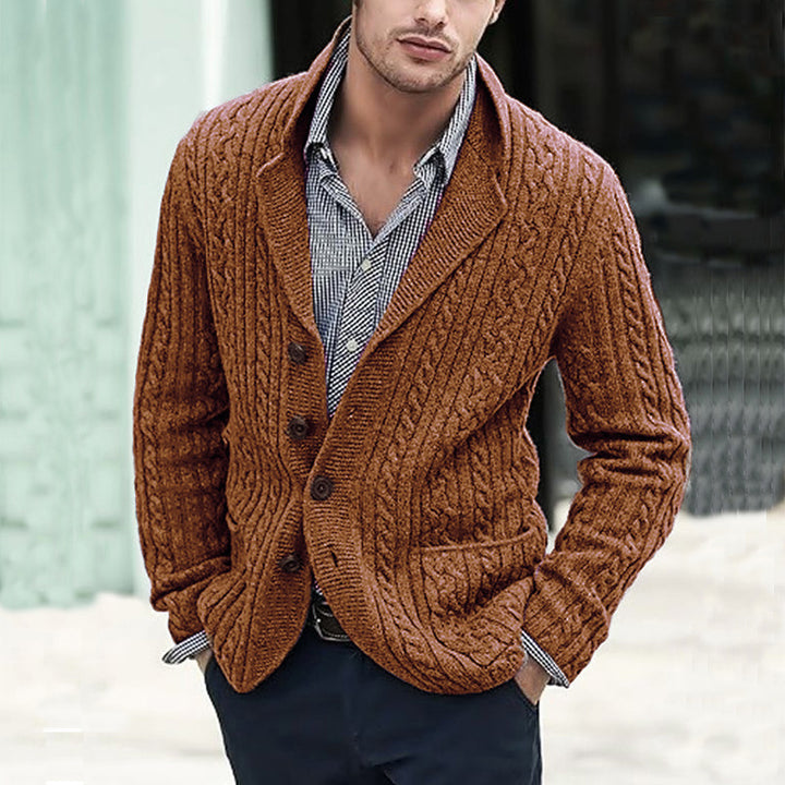 Men's Cable Knit Blazer with Shawl Collar and Button Placket Mune Fashion