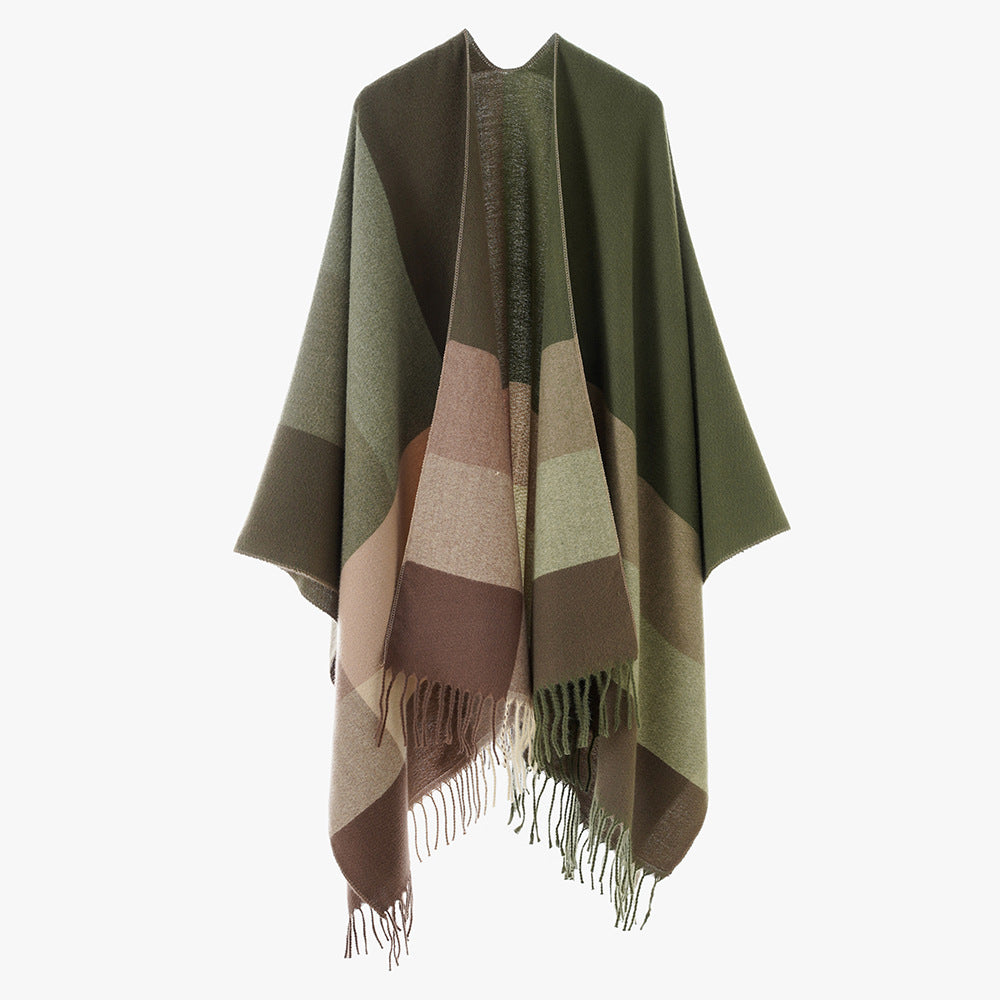 Women's Wool Blend Poncho with Check Pattern and Fringing Mune Fashion