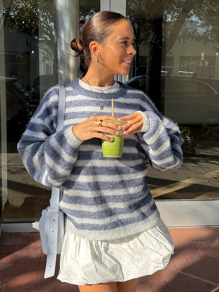 Women Striped Mohair-Mix Oversized Sweater with Balloon Sleeves Mune Fashion