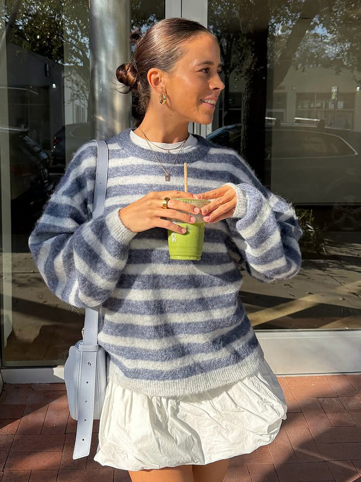 Women Striped Mohair-Mix Oversized Sweater with Balloon Sleeves Mune Fashion
