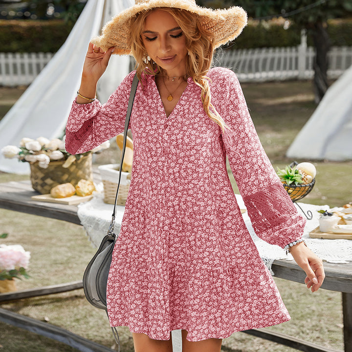 Women's floral tiered mini dress with V-neck, full button placket, and crocheted balloon sleeves Mune Fashion