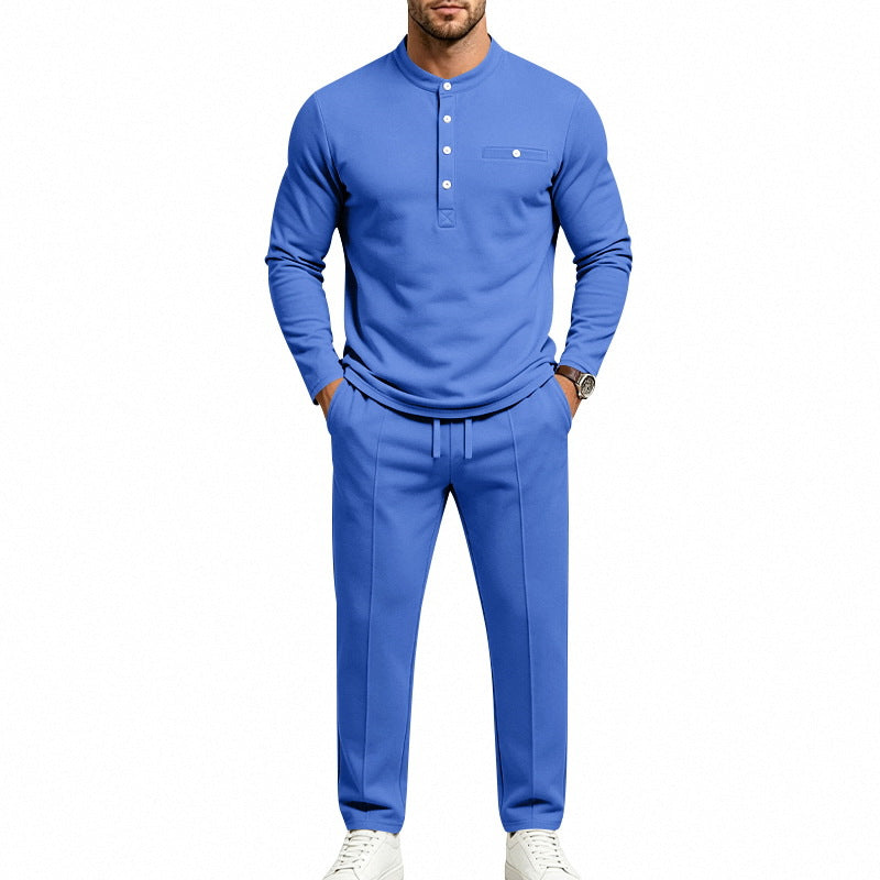 Men's Two-Piece Leisure Set with Henley Long Sleeve Shirt, Stand Collar and Comfort Jogging Pants Mune Fashion