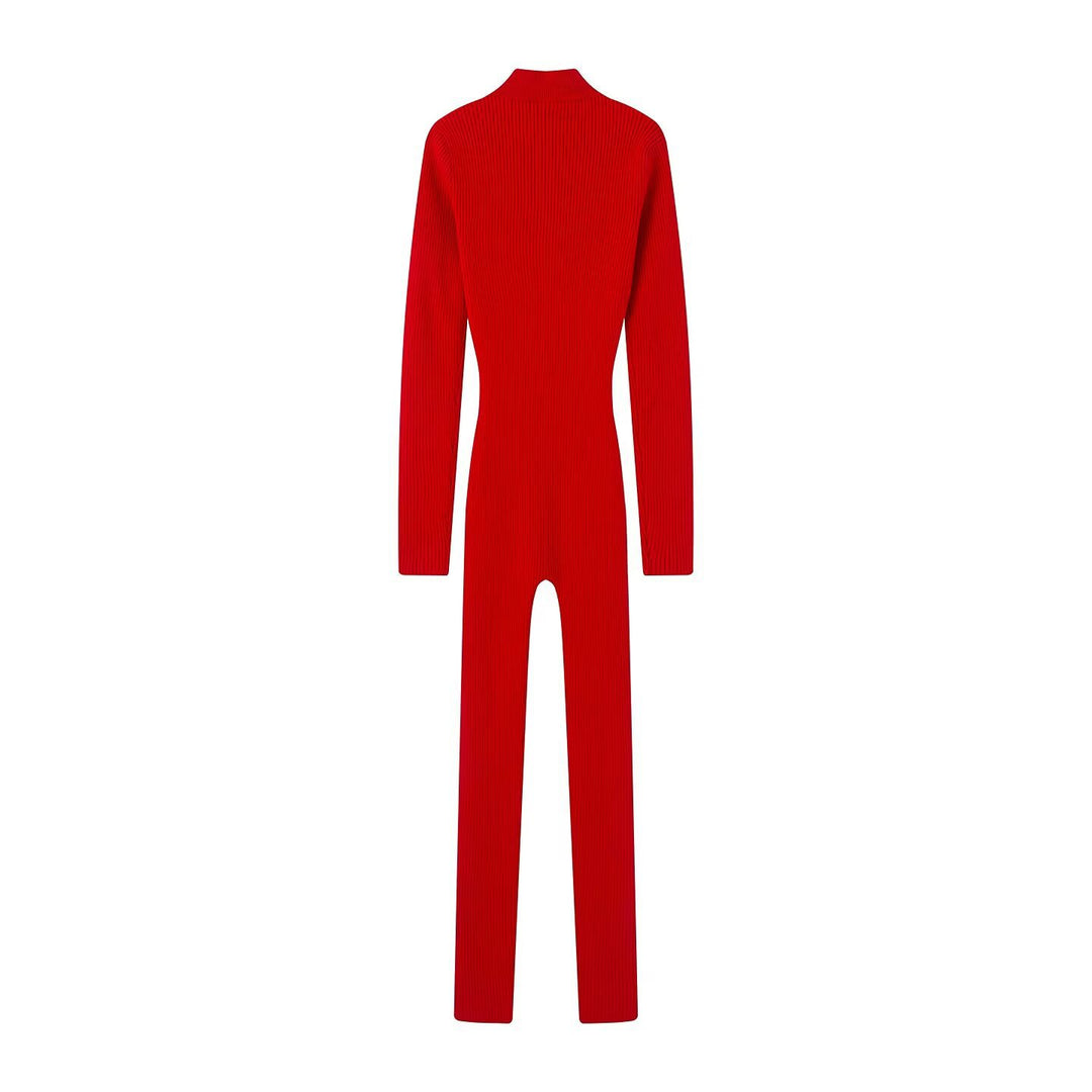 Women Fitted Ribbed Jumpsuit with Half Zipper and Thumb Hole Mune Fashion