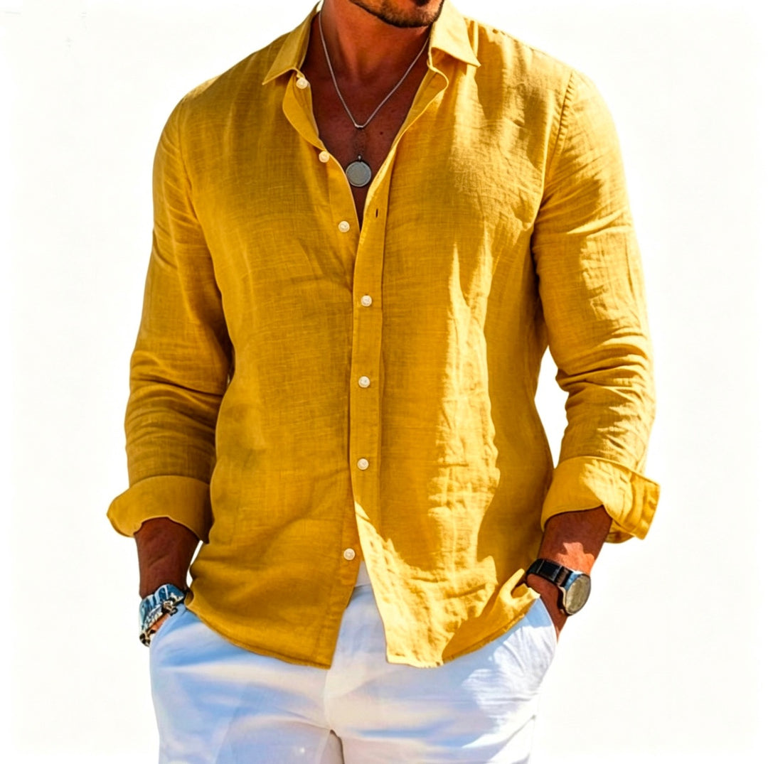 Men's structured linen shirt with open collar, lightweight texture and casual-tailored fit Mune Fashion