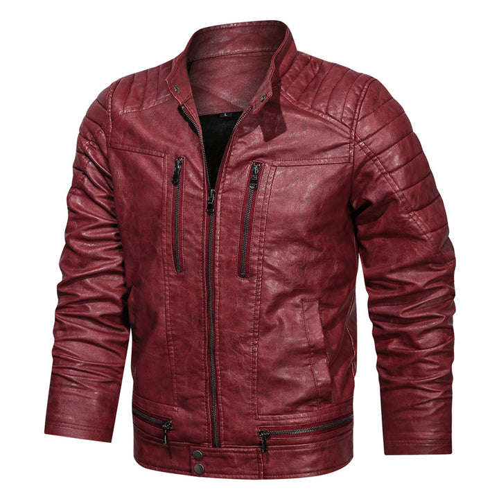 Men's motorcycle-inspired leather look jacket with stand-up collar and decorative seams Mune Fashion