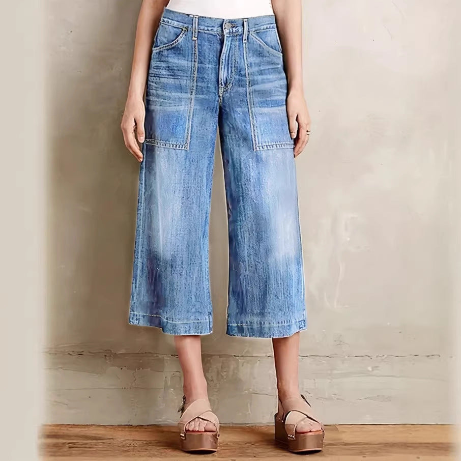 Ladies light vintage-inspired culotte jeans with visible seam panels and patch front pockets Mune Fashion