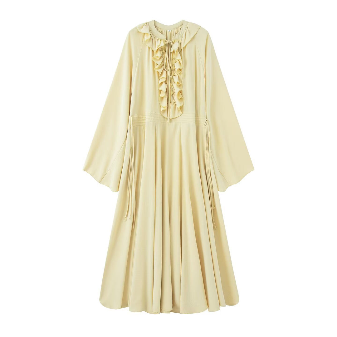 Women's maxi dress with ruffles, tie collars and wide bell sleeves Mune Fashion