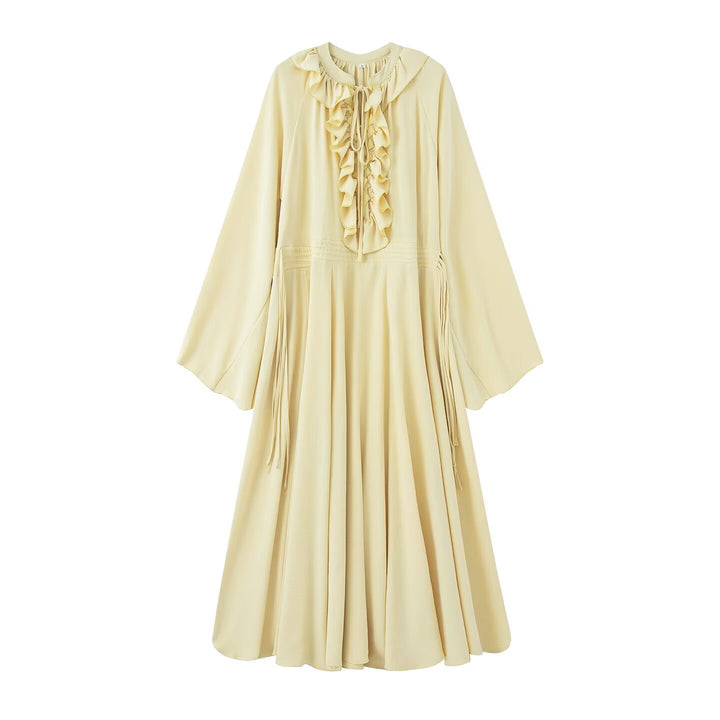 Women's maxi dress with ruffles, tie collars and wide bell sleeves Mune Fashion