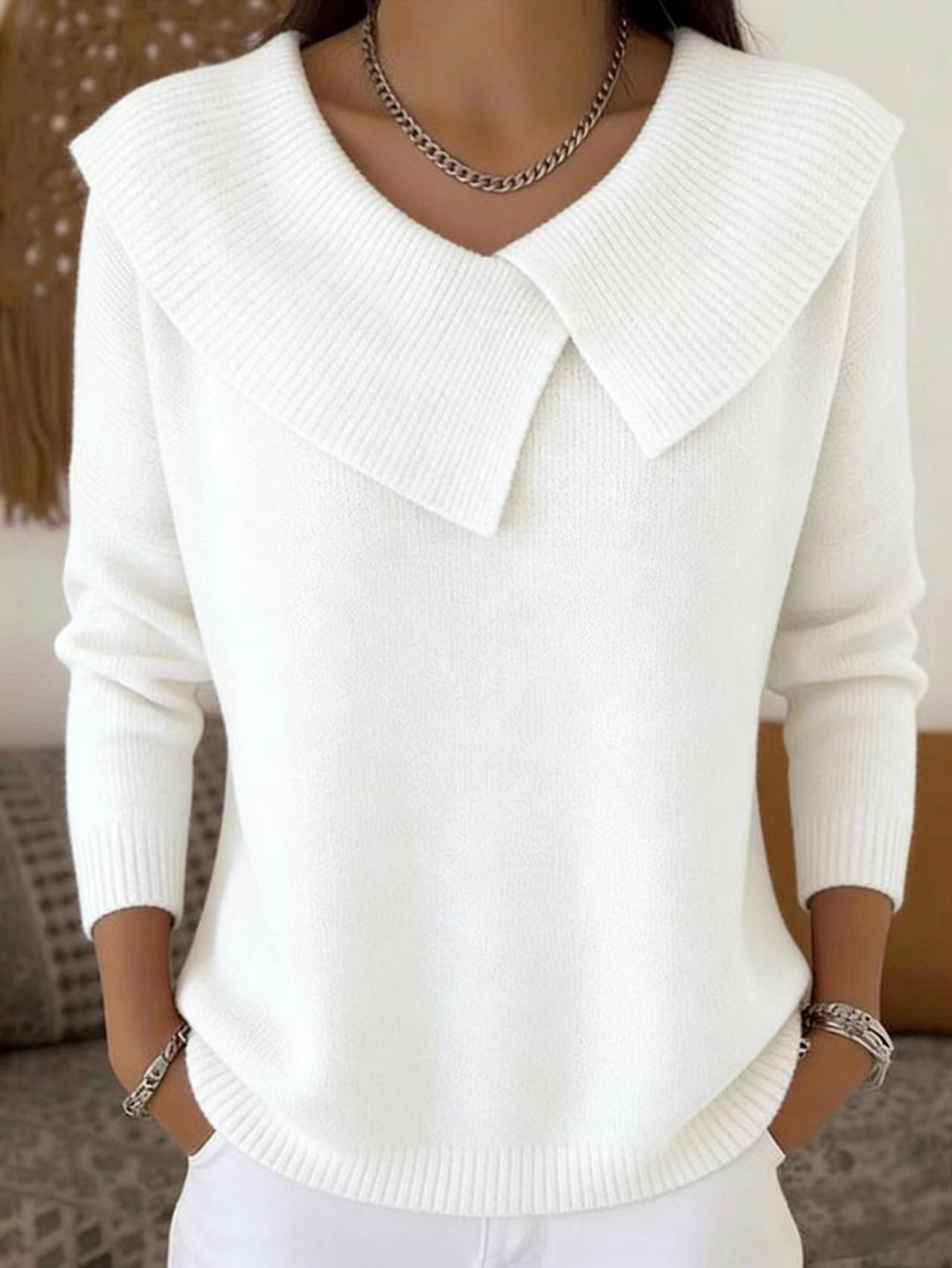 Women oversized knitted sweater with oversized sailor collar and ribbed finishes Mune Fashion