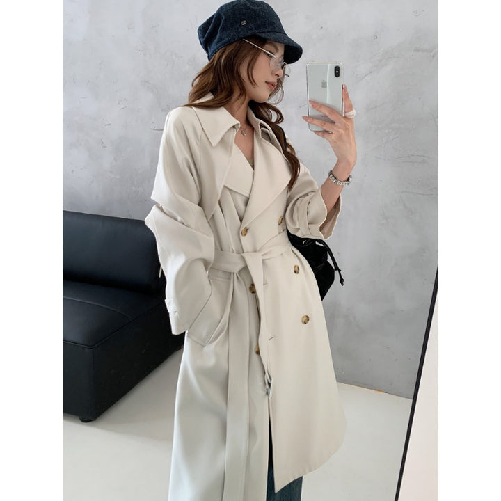 Women Boxy Midi Length Trench Coat with Soft Draping and Adjustable Cuffs Mune Fashion