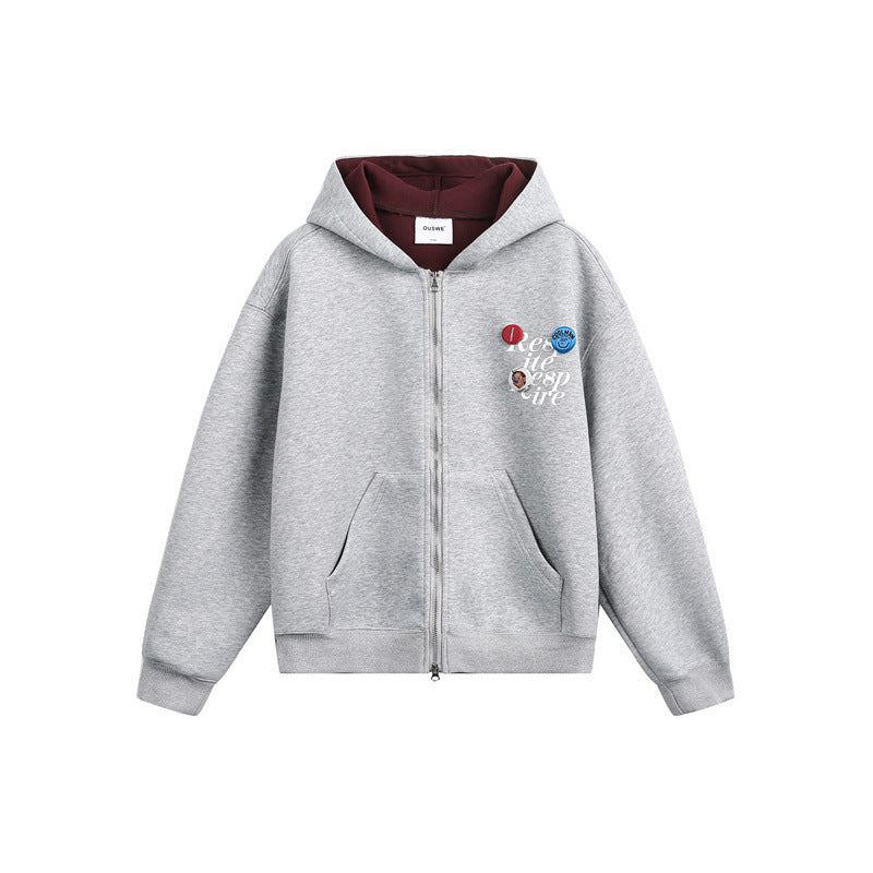 Unisex Hooded Sweat Jacket with Print Badges and Two-Way Zipper Mune Fashion