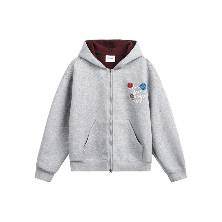 Unisex Hooded Sweat Jacket with Print Badges and Two-Way Zipper Mune Fashion