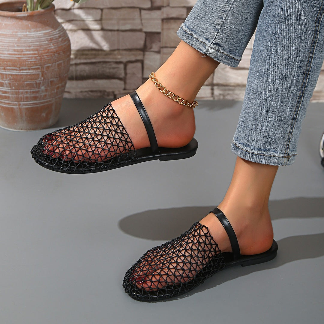 Women woven net mules with slip-on function, open heel and flexible lightweight sole design Mune Fashion