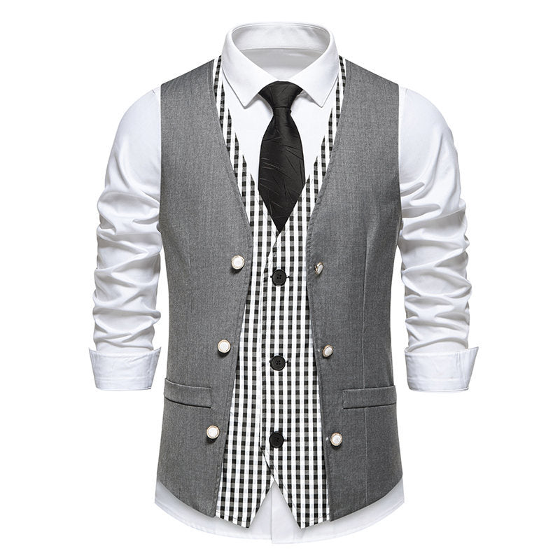 Men's elegant double-breasted suit vest with contrasting Vichy inner part Mune Fashion