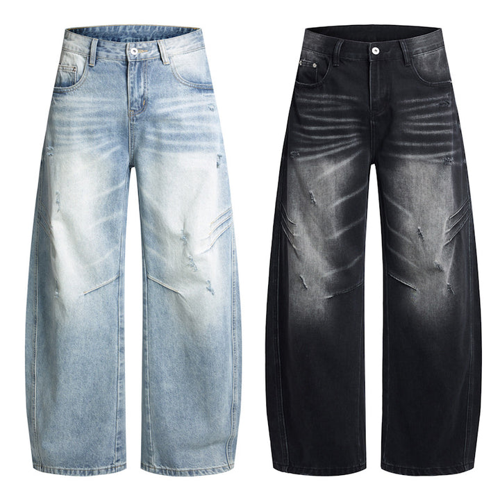 Men's Ultra Wide Denim Palazzo Pants with Sculptural Side Panels and Used Effect Mune Fashion