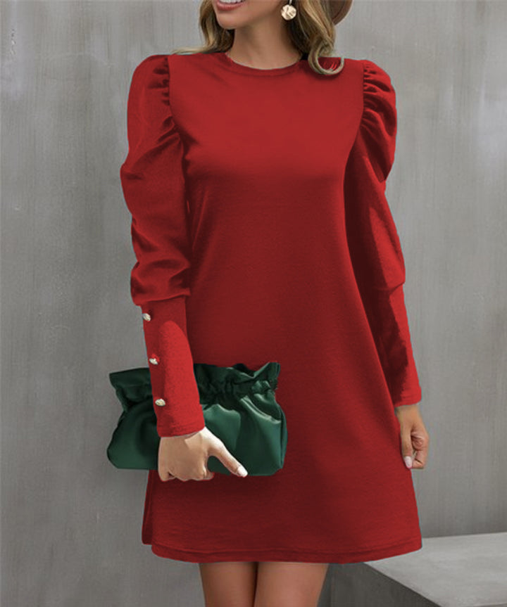 Ladies elegant A-line mini dress with gathered puff sleeves and decorative cufflinks Mune Fashion