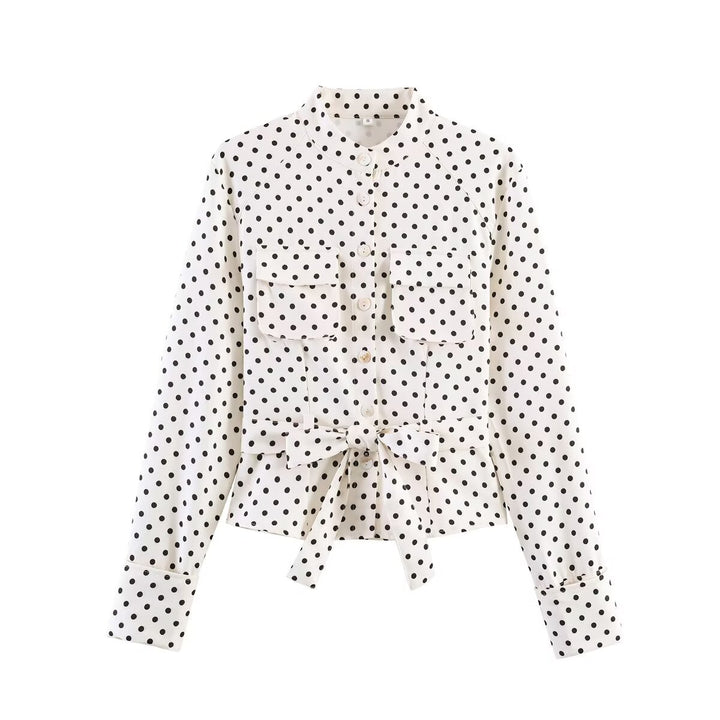 Women’s blouse jacket with tie belt, breast pockets and polka dot pattern Mune Fashion