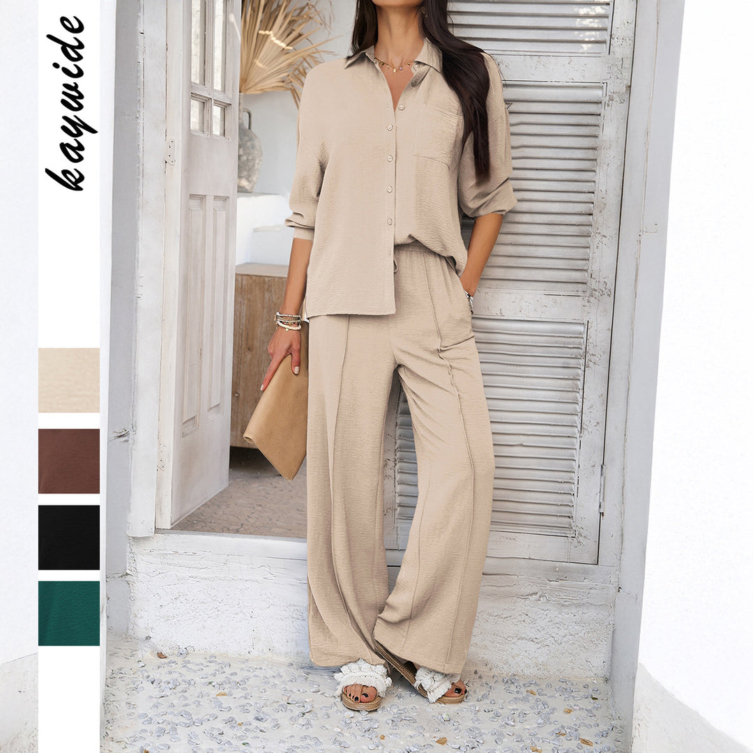 Women’s casual shirt and palazzo set with elastic drawstring waistband, chest pocket, and textured crinkle quality Mune Fashion